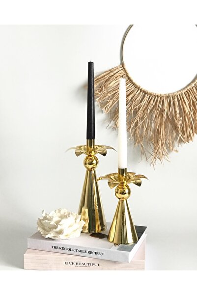 Shura Homeware 2li Flowers Metal Şamdan Gold Mumluk 2li Dekoratif Obje