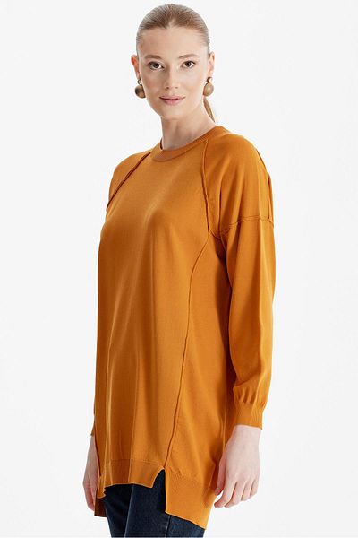 Tığ Triko Mustard Colored Basic Knitwear Tunic - Reverse Sewn Detail