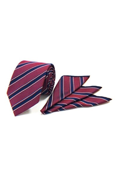 VENCHY Bordo Lacivert Çizgi Desen Mendilli Kravat 2106-2MK