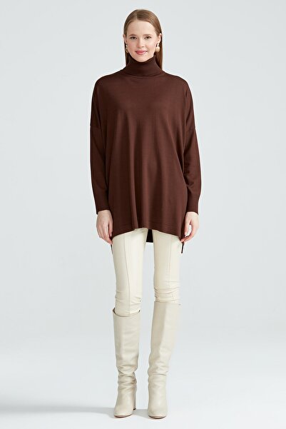 Tığ Triko Balıkçı Yaka Oversize Basic Triko Tunik Acı Kahve