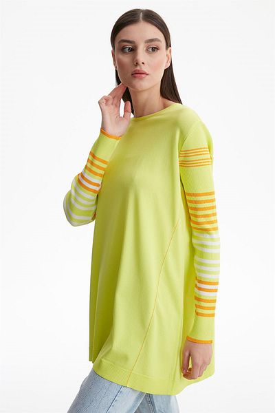 Tığ Triko Sleeve Striped Basic Rayon Knitwear Tunic Lime