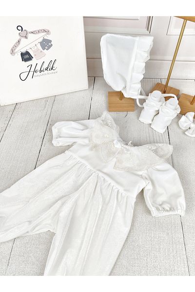 Hobidik Baby Girl Off-White Silk Velvet Cream Laced Jumpsuit
