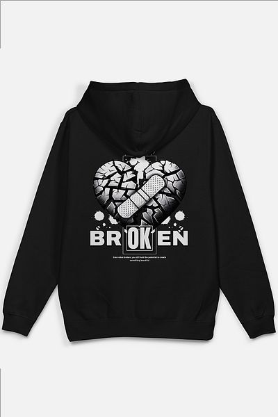 Overoz Суитшърт с качулка Broken Heart с щампа на гърба Broken Heart, голям размер, черен, H1224