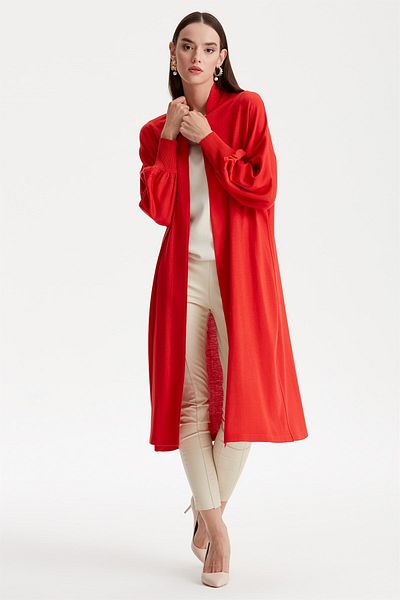 Tığ Triko Balloon Sleeve Cardigan Red