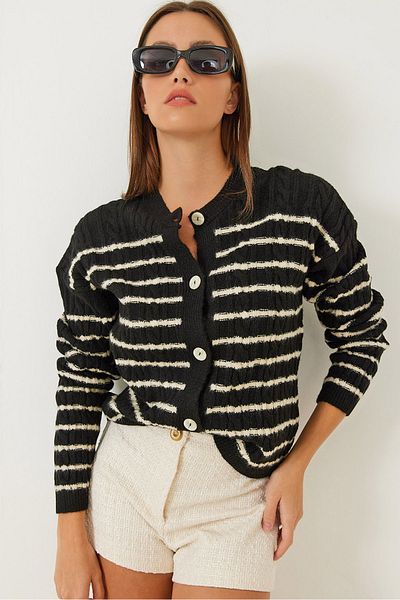 Bianco Lucci Women's Striped Hair Braided Knitwear Cardigan 85001011