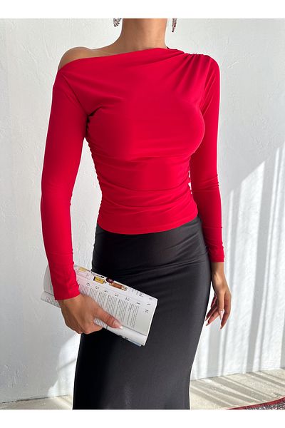 QUTTA Women's Red Boat Neck Shoulder and Side Gathered Sandy Fabric Long Sleeve Blouse
