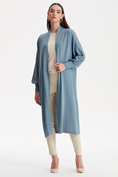 Tığ Triko Balon Kol Hırka Gri Mavi