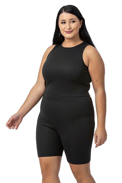 DISENTIS MODEST Black Short Tights Large Size Jumpsuit - Back Zipper