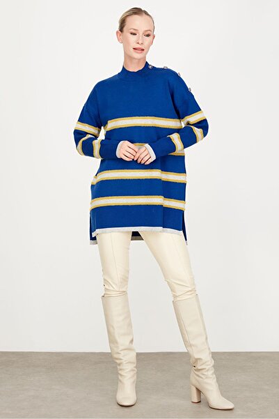 Tığ Triko Shoulder button detailed striped tunic Cobalt