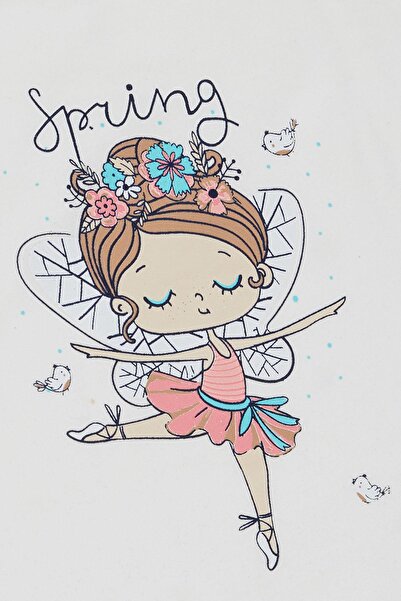 Breeze Ballerina Patterned Girl's T-Shirt - Spring Themed, 1.5-5 Years, White