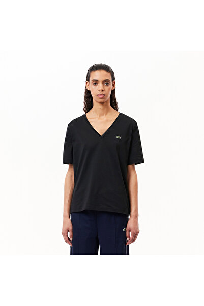 Lacoste Kadın Relaxed Fit V Yaka Siyah T-Shirt