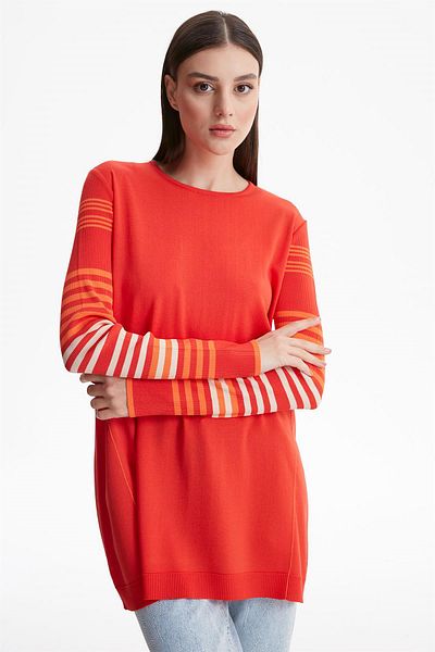 Tığ Triko Basic Rayon Knitwear Tunic with Striped Sleeves Coral