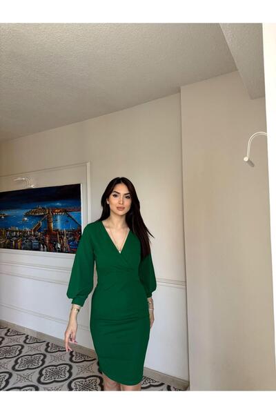 Mekafashion Epril Kruvaze Yaka Midi Boy Kalem Elbise 58706