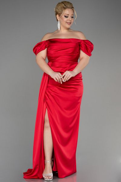 Abiyefon Long Red Boat Neck Leg Low-cut Satin Plus Size Evening Dress Abu1626