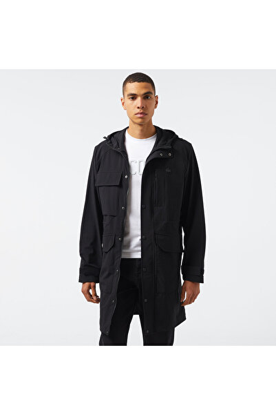 Lacoste Erkek Relaxed Fit Kapüşonlu Baskılı Koyu Siyah Yağmurluk