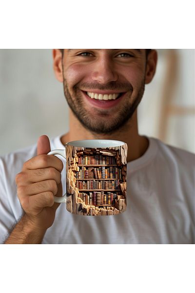 Evion Bookshelf Library Printed 3D Design Ceramic Mug - Gift Mug Cup