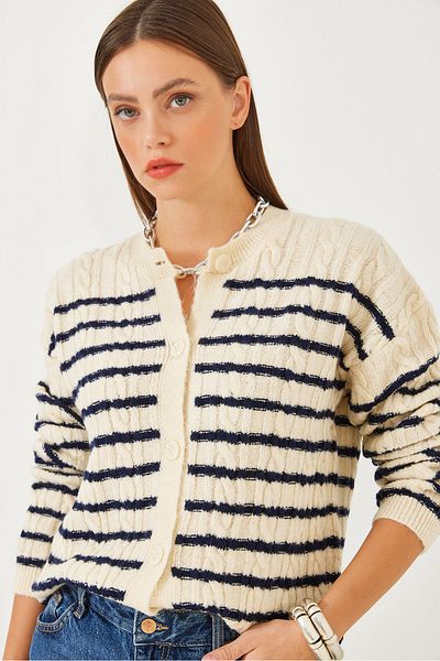 Bianco Lucci Gestreifter, geflochtener Strick-Cardigan für Damen 85001011