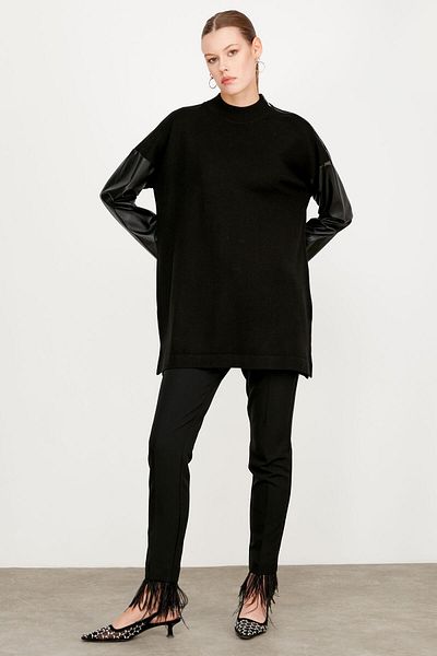 Tığ Triko TUNIC BLACK WITH LEATHER DETAIL ON SLEEVES