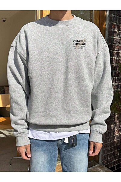 WOODROFFE Ανδρικό φούτερ Luciano Printed Unisex Oversize - Crew Neck, Μαύρο Λευκό Γκρι
