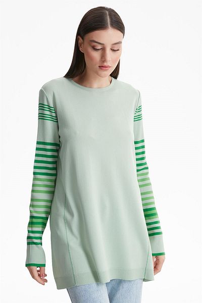 Tığ Triko Basic Rayon Knitwear Tunic Mint with Striped Sleeves