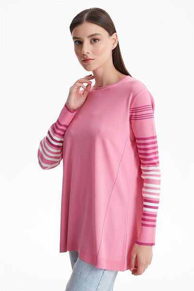 Tığ Triko Basic Rayon Knitwear Tunic Pink with Striped Sleeves