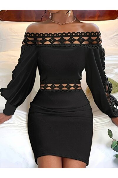 Viyamo Γυναικείο μακρυμάνικο γιακά Madonna μανίκι λαιμόκοψη Δαντέλα με λεπτομέρεια βυθισμένο φόρεμα