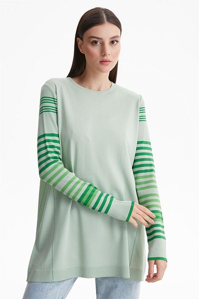 Tığ Triko Basic Rayon Knitwear Tunic Mint with Striped Sleeves