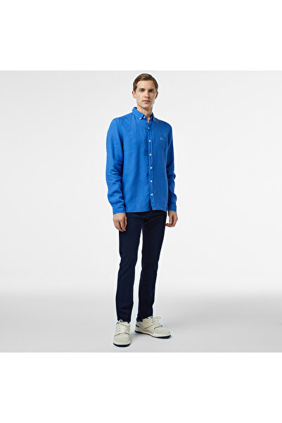 Lacoste Erkek Regular Fit Düğmeli Yaka Keten Mavi Gömlek