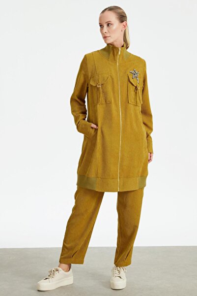 Tığ Triko Fitilli Kadife Cepli Dokuma Tunik Pantolon Takım SAFRAN
