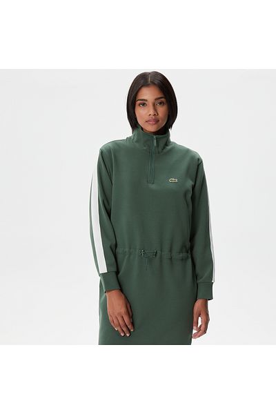 Lacoste فستان نسائي فضفاض بأكمام طويلة وياقة واقفة ومطبوع باللون الأخضر
