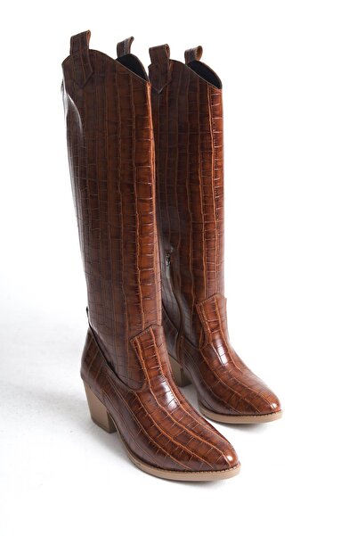 Bak Store Tan Crocodile Zippered Western Cowboy Women's Long Knee High Boots