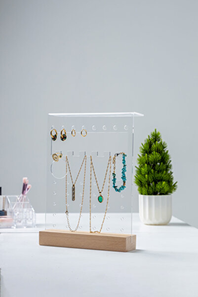FH finehome Plexiglass Jewelry Stand with Makeup Wooden Stand
