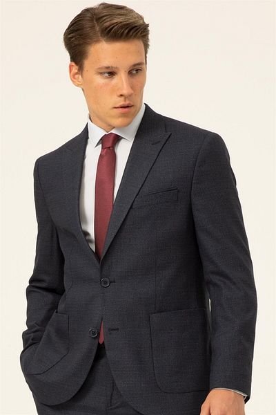 SÜVARİ Navy Blue Slim Fit Patterned Vestless Cavalry Suit