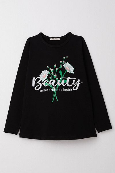 Breeze Tricou negru cu mânecă lungă cu imprimeu Daisy pentru fetiță de 10-16 ani