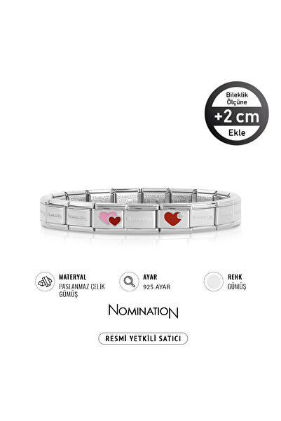 NOMİNATİON Italy Composable 925k Gümüş Çift Kalp Pembe Kırmızı & Taşlı Kırmızı Kalp Paslanmaz Çelik Silver