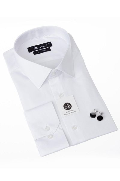 Dicotto Λευκό Extra Large Collar 4 Drop Relaxed Cut Micro υφασμάτινο ανδρικό πουκάμισο κανονικής εφαρμογής με μανικετόκουμπα - 189-1-