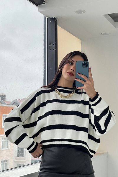 Bengi Clothing Pulover Crop de damă, alb, negru, cu dungi