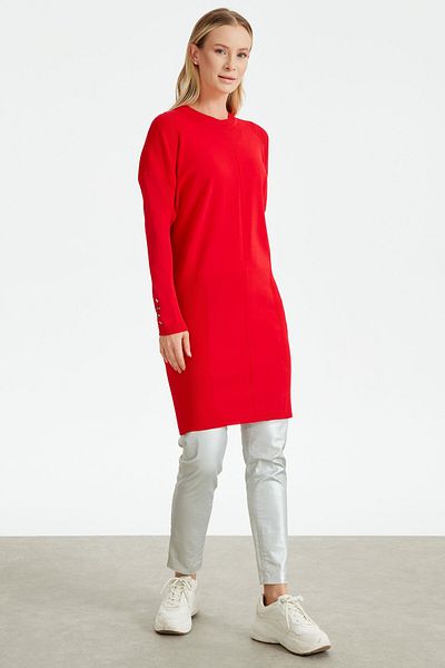 Tığ Triko Buttoned Sleeves Knit Detailed Rayon Tunic RED