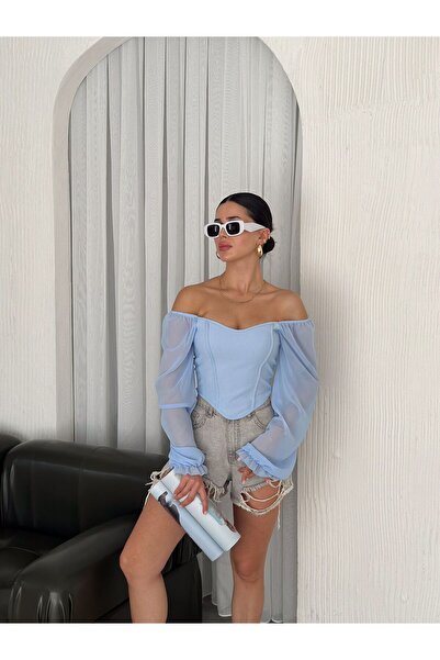 QUTTA Bluză de damă, albastru bebeluș, cu mânecă din șifon, cu mânecă lungă