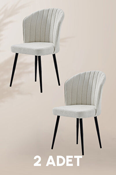 MYMASSA Rubi Sandalye - Mense Krem - Metal Siyah Ayak ( 2 Adet ) - Salon Sand...