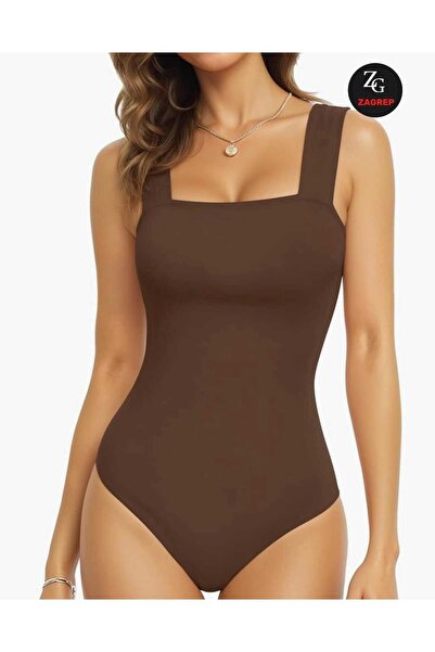 Zagrep Дамско боди с широка презрамка и квадратно деколте в цвят кафе, което не разкрива копринено трико