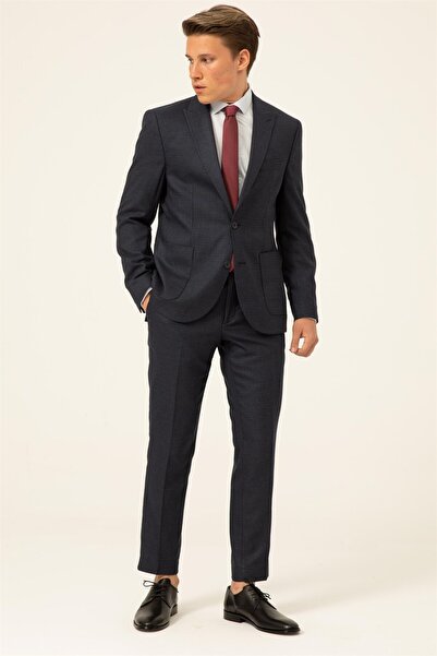 SÜVARİ Süvari Slim Fit Desenli Yeleksiz Lacivert Takım Elbise