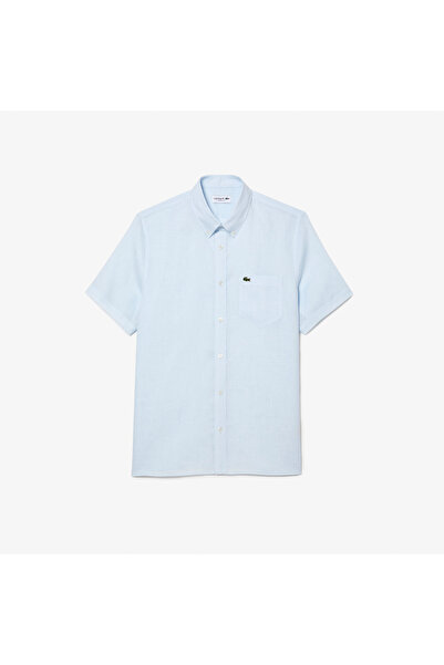 Lacoste Erkek Regular Fit Kısa Kollu Düğmeli Yaka Keten Açık Mavi Gömlek