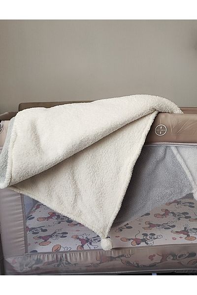 oneplise sineklik sistemleri Welsoft Ecru-Grey Fluffy Baby Blanket - Double Color Pompom, 80X100 cm