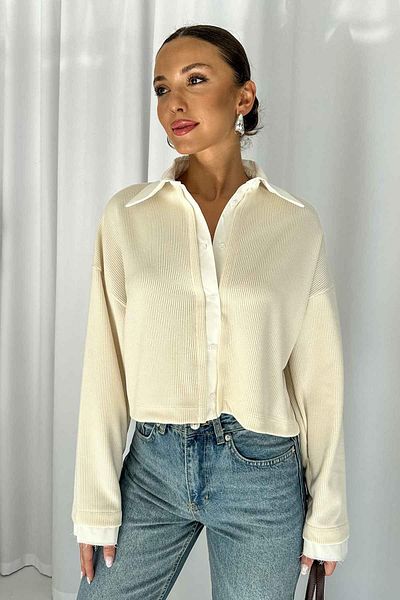 Mine Tan Butik Μπεζ γυναικεία μπλούζα - γιακάς πουκάμισου, μακρυμάνικο, λεπτομέρεια πλεκτού