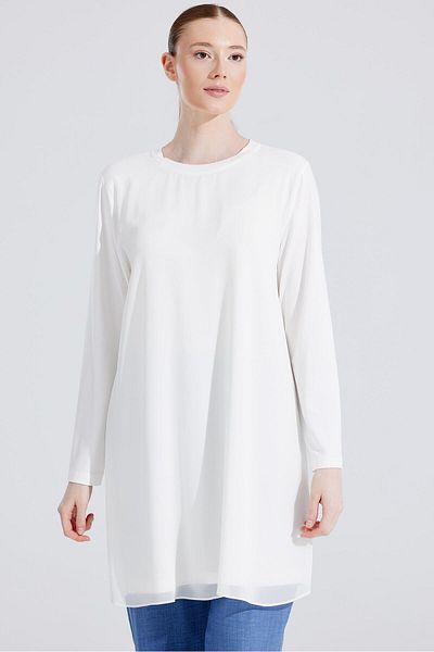 Tığ Triko White Long Sleeve Crew Neck Tunic