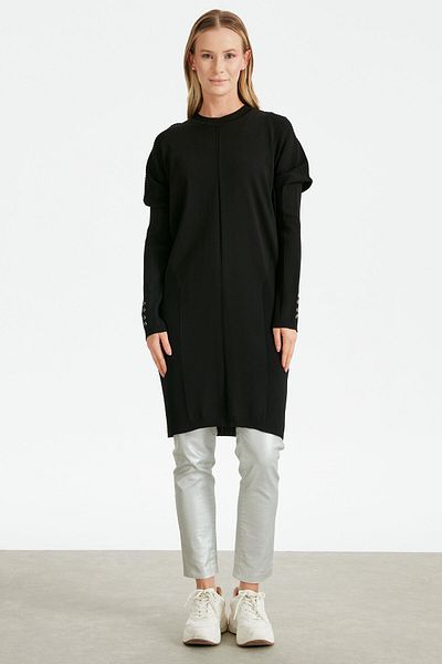 Tığ Triko Buttoned Sleeves Knit Detailed Rayon Tunic BLACK