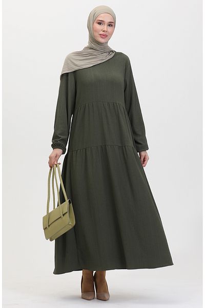 sefamerve Khakifarbenes, gerafftes Kleid mit Kordelzug – 1048-03