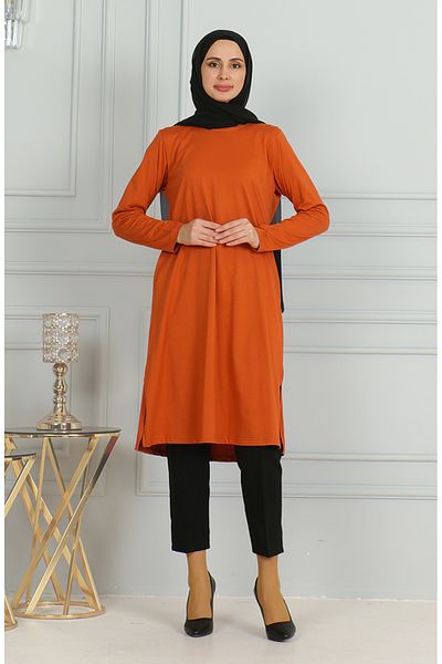 sefamerve Tunica lunga cu fanta de culoare caramida - 9141-01