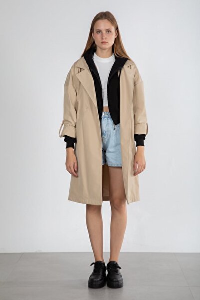 Modasultan Women's Beige Belted Waist Double Button Double Breasted Collar Trench Coat